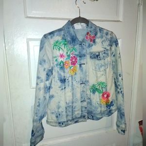 Light Brightly Embroidered Sequinned Acid Washed/Tie Dyed Jeans Jacket Size XS